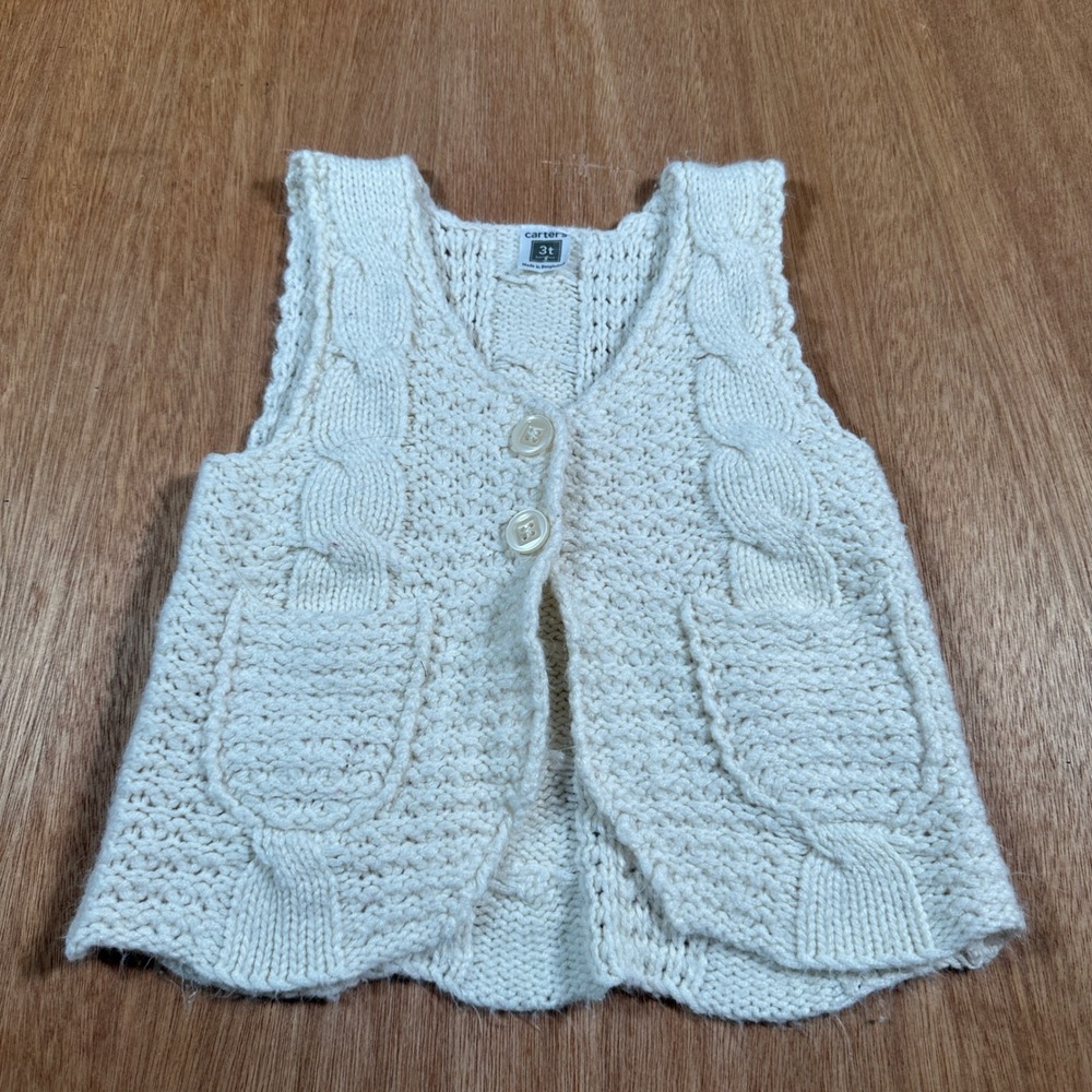 Carter's Sweater Vest Toddler 3T Cream Cable Knit Button Front Sleeveless Cardi